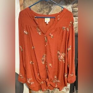 Fig and Flower Embroidered Rust
Button Down Blouse Size 1X Peasant
Boho Style